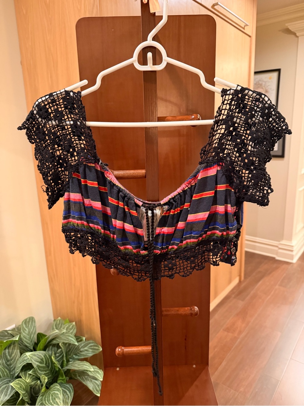 Free People Black Crochet-Trim Striped Crop Top